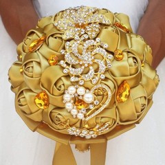 Handmade Satin Rose Wedding Bouquet with Gold Crystals – Perfect for Brides