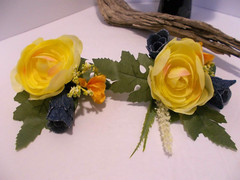 Bridal Denim Roses and Yellow Ranunculus Bouquet & Corsage & Boutonniere Set