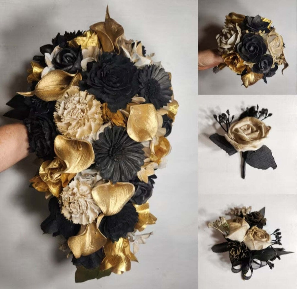 Champagne Gold Black Rose Calla Lily Bridal Wedding Bouquet Accessories