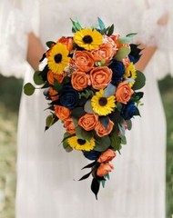 Coral Navy Sunflower Bridal Bouquet Sola Wood Cascade Orange Wedding Flowers
