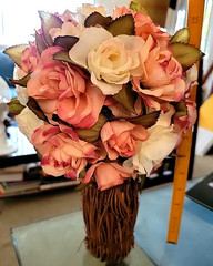 Rose Flower Bouquet Victorian Antique Style Rustic Wood Twig Vase Handcrafted