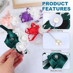 2 Pcs Wedding Boutonnieres Silk Rose Pearls Wedding Bridesmaid Dark Green