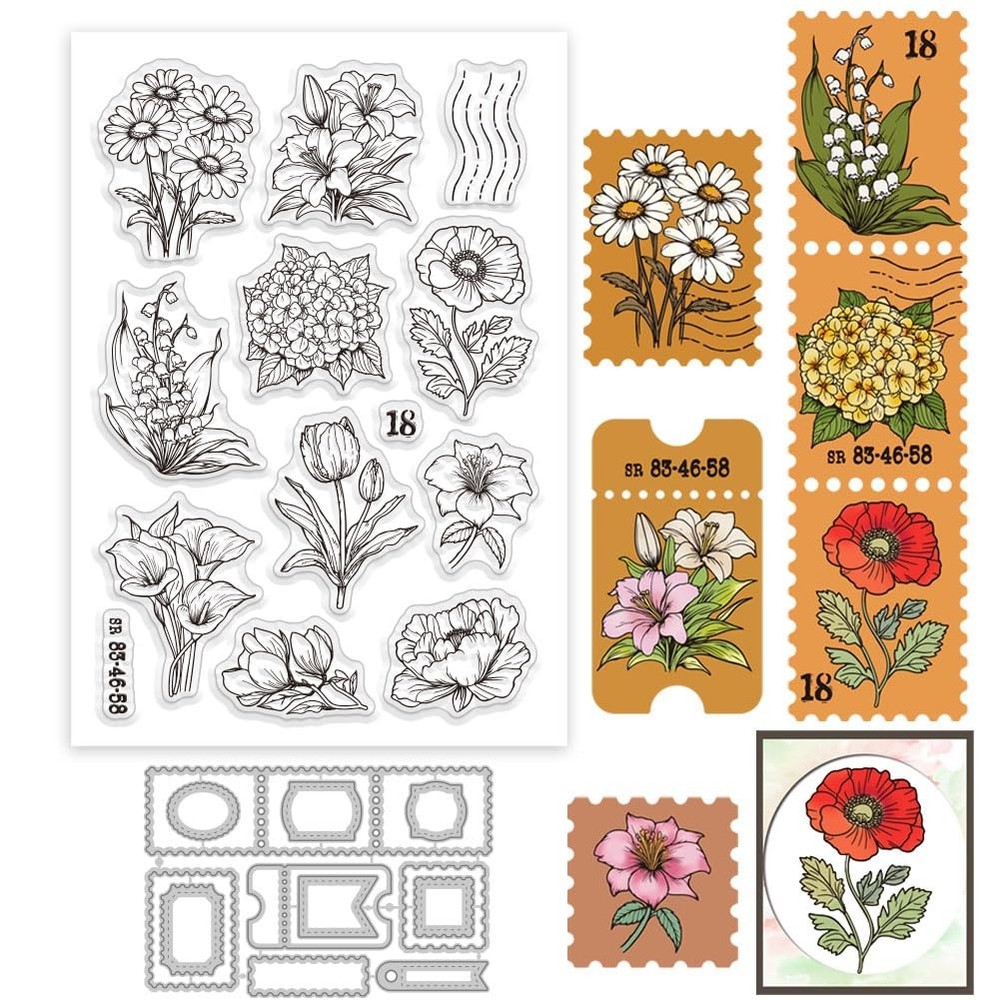 GLOBLELAND Flowers Stamps Clear Stamp and Cutting Dies Set for Card Making Tulip