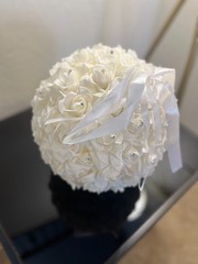 Wedding Flower Ball Pomander Ivory White Satin Roses Crystal Rhinestone Kissing