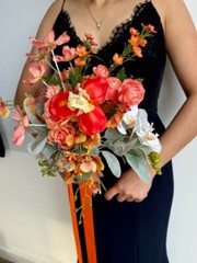 Orange Flower Fields faux wedding bouquet w. orchid, ranunculus, rose, daisy