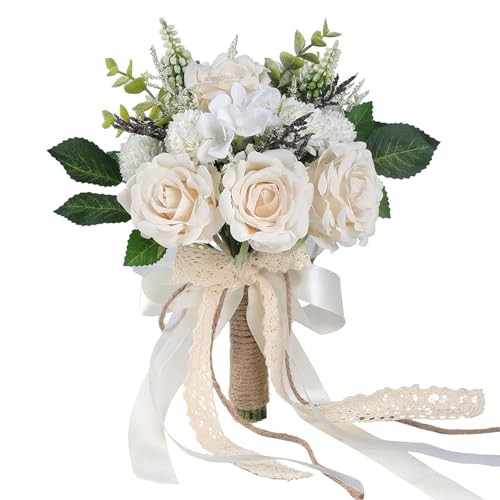 Wedding Bouquets for Bride Bridesmaid,White Champagne Artificial 7.5 inches