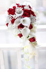 Romantic Red Calla Lily & Rose Bridal Bouquet with Pearls & Diamonds
