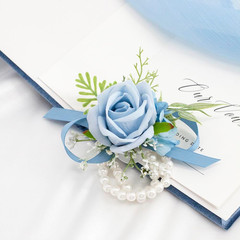 Light Blue Corsage and Boutonniere Set for Wedding Prom, Artificial Rose Babysbr