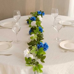 2 WHITE ROYAL BLUE 7 ft long Silk Rose Wedding Garland Leaves Bendable Wire