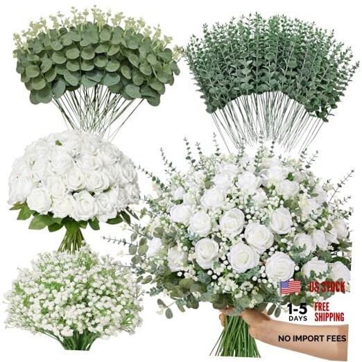 Pcs Mixed Eucalyptus Greenery Stems, White Silk Roses and Babys Breath 240