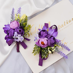 Wrist Corsage and Boutonniere Set, 1 Set Small Rose Purple Hand Flower for Prom