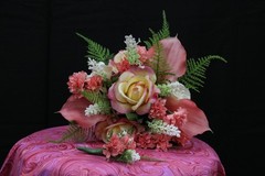 Pink calla lily & rose, creme rose floral bouquet with matching boutonniere