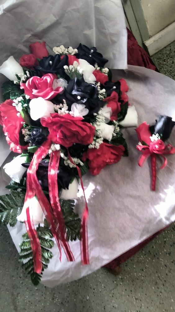 Black Red and White wedding Cascade bouquet toss & bout RUSH ORDERS AVAILABLE