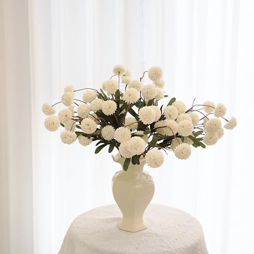 12Pcs Fake Kiku Flowers, Artificial Small Chrysanthemum Balls with Stems, Beige