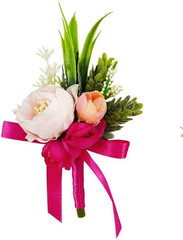 Artificial Rose Wrist Corsage – Fuchsia & Peach Flowers with Greenery – Wedding,