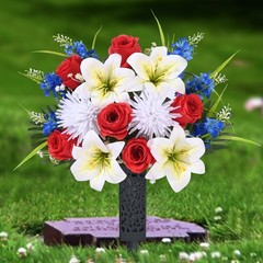 MARTINE MALL 2 Sets Artificial Cemetery Flowers 2 Sets, Red & White & Blue
