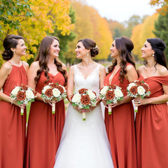 Set of 6 Artificial Bridesmaid Bouquets – Burnt Orange & White Floral Decor