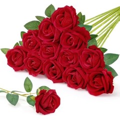 Classic Artificial Roses Flowers, Faux Long Stem Silk Roses Bulky for 12 Red