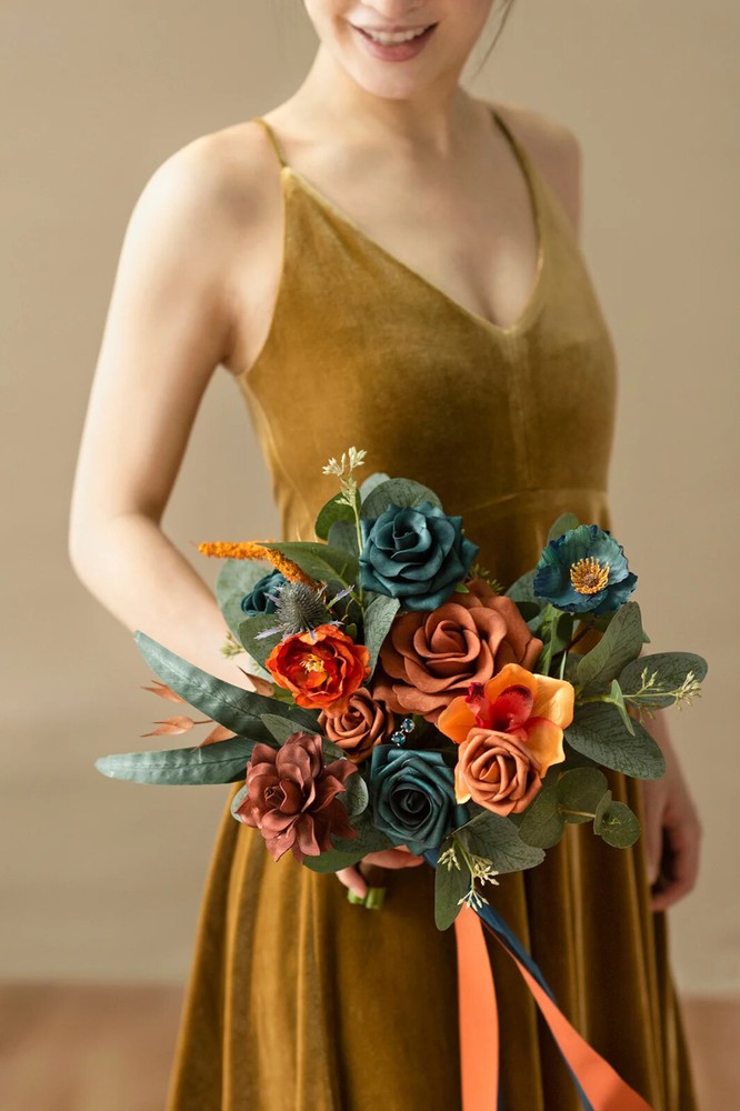 Terracotta & Teal Bridal Bouquet – Silk Artificial Flowers, Wedding or Elopement