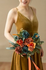 Terracotta & Teal Bridal Bouquet – Silk Artificial Flowers, Wedding or Elopement