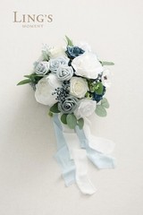 Elegant Dusty Blue Wedding Flowers Bouquet – Large 13″ Silk Roses, Perfect Bride