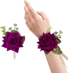 Versatile Velvet Purple Wrist Corsage and Boutonniere for Grooms & Bridesmaids