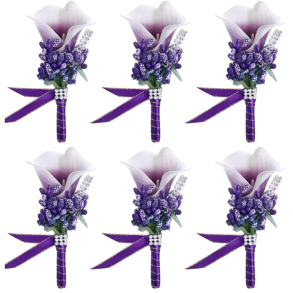 Wedding Anniversary Boutonniere Purple 6 Pcs