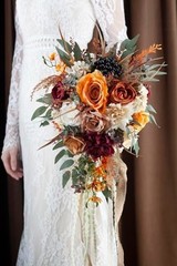 12″ Burnt Orange Cascade Wedding Bouquet, Silk Bridal Flowers for Fall Weddings