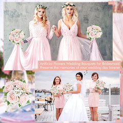 Burgundy & Peach Pink Artificial Bridesmaid Bouquets Set of 6 for Weddings