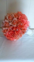 PEACHES AND CREAM WEDDING BOUQUET- PEACH/CREAM/PEARLS/SILVER TULLE-RHINESTONE PI