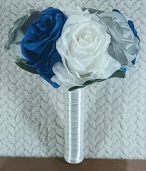 7 – Bridal Bouquets – Bridesmaid – 7″x9.5″ – Royal Blue White Gray Roses – NEW