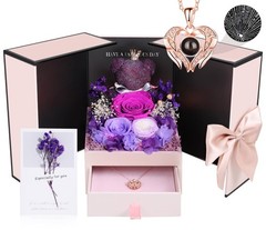 Valentines Day Gifts for Her Preserved Real Rose with Bear Flower-purple