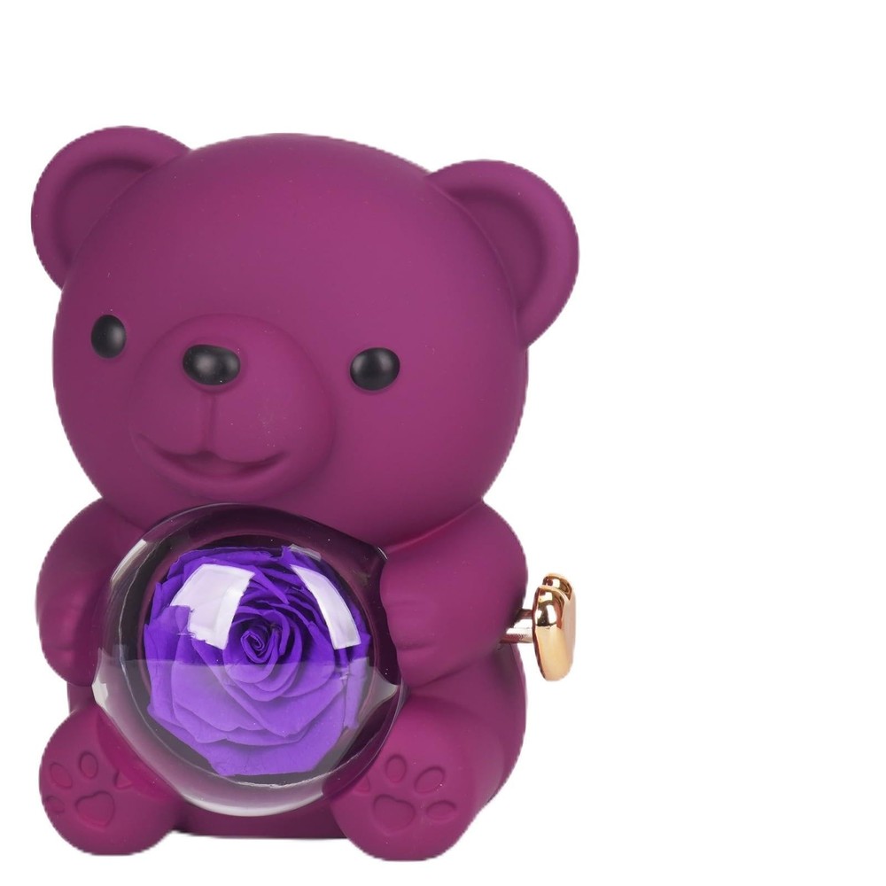 Teddy Bear Preserved Rose Gifts with 100 Languages 6 x 6 x 7.5 inches, Purple