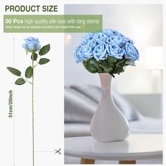 Thiccywoov 30 Pcs Rose Artificial Flowers in Bulk Lifelike Long Stem Light Blue
