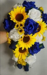 Royal Blue White Rose Sunflower Bridal Wedding Bouquet Accessories