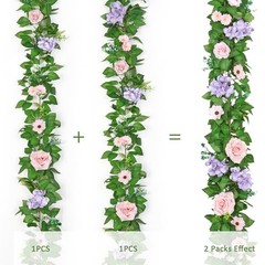 Artificial Flower Garlands 6FT Fake Silk Rose Vine Hanging 2PCS Pink Purple