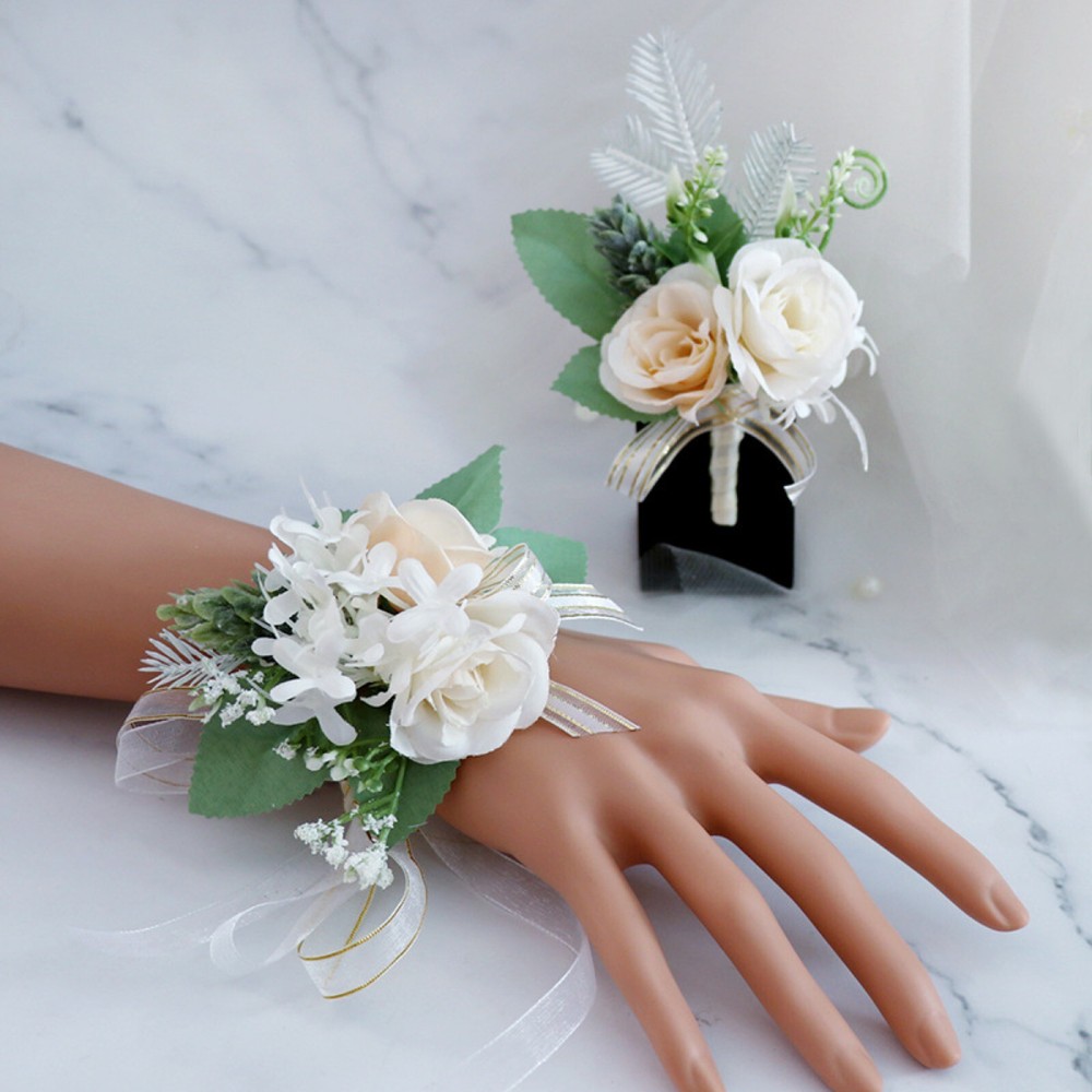 Wedding Wrist Corsage & Boutonniere Artificial Multiflora Rose White/Champagne