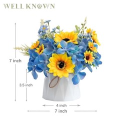 Small Fake Flowers in Plastic Vase 7″ Centerpieces Coffee Sunflowers & Blue
