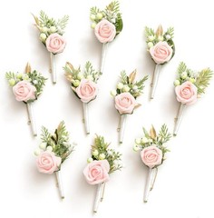 Vintage-Inspired 10pcs Groomsman Boutonniere Set – Blush and Cream Flowers