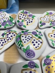 Hand Painted Rock Lavender Roses/Gold Hearts, Gift Set of 12, Wedding Table Deco