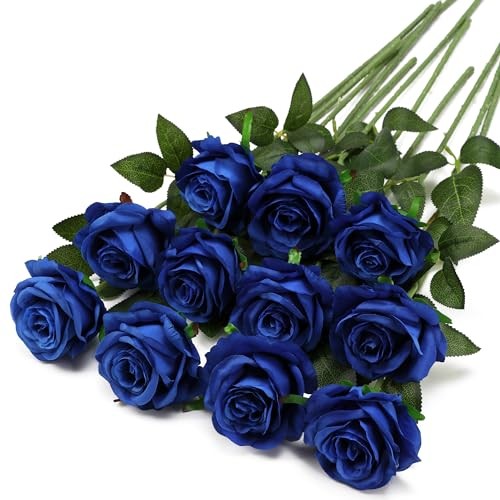 Fake Roses Artificial Flowers – Fake Artificial Roses Silk Flowers 10 Pcs Blue