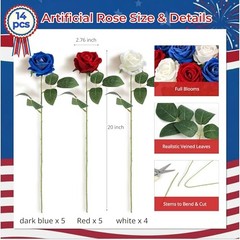 14PCS Red White Blue Artificial Roses, Patriotic Velvet Silk Fake Roses Flowers