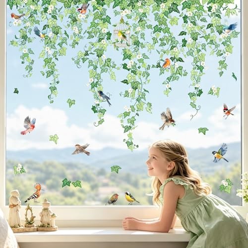 9 Sheets Spring Summer Hanging Vine Window Clings Green Ivy Leaves Flowers