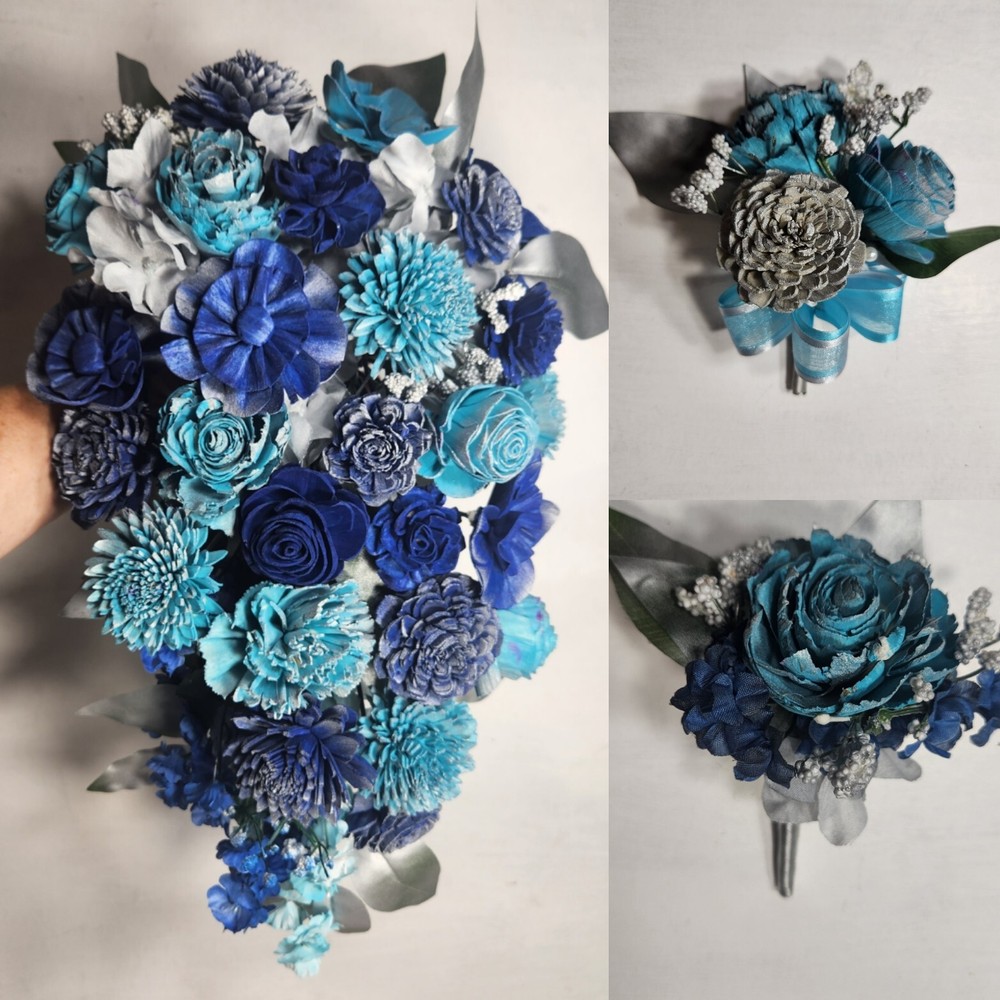 Turquoise Royal Blue Silver Sola Wood Flower Bridal Wedding Bouquet Accessories
