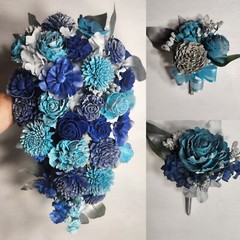 Turquoise Royal Blue Silver Sola Wood Flower Bridal Wedding Bouquet Accessories