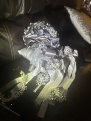 Bride Brooch Bouquet Wedding Silver Grey Base Clear Rhinestones￼ 5pc set