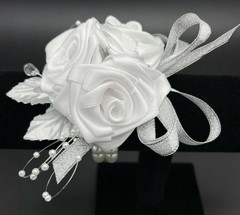 Handmade Bridal Satin Rose Wrist Corsage, Silver Anniversary Corsage 5″