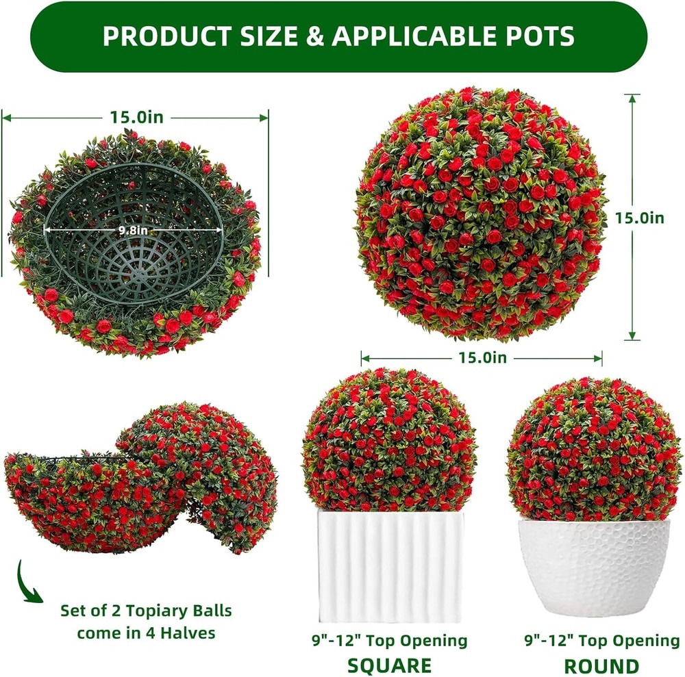 2-Pack Artificial Flower Ball Topiary, UV Resistant, Wedding Garden Decor, Red