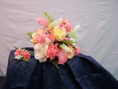 Pink calla lily & rose, creme rose floral bouquet with matching boutonniere