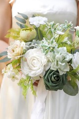 Bridesmaid Bouquet Artificial Silk Foam 11 Inch White Green Rose Wedding Tossing